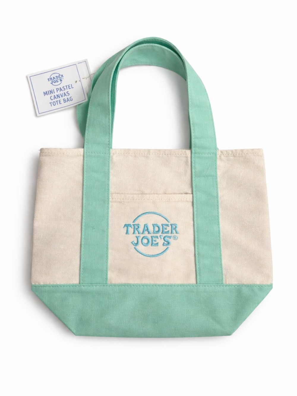 Trader Joe’s Mini Canvas Tote Bag Teal Green Cream Reusable Grocery Bag NWT Rare
